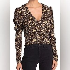 AFRM Puff Sleeve Floral Crop Top Brown Multi XS NWT $88